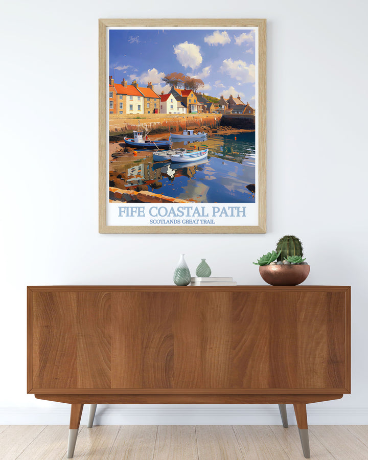 The natural beauty and dramatic landscapes of Scotland are celebrated in this poster, featuring the iconic Fife Coastal Path and inviting you to explore its breathtaking views.
