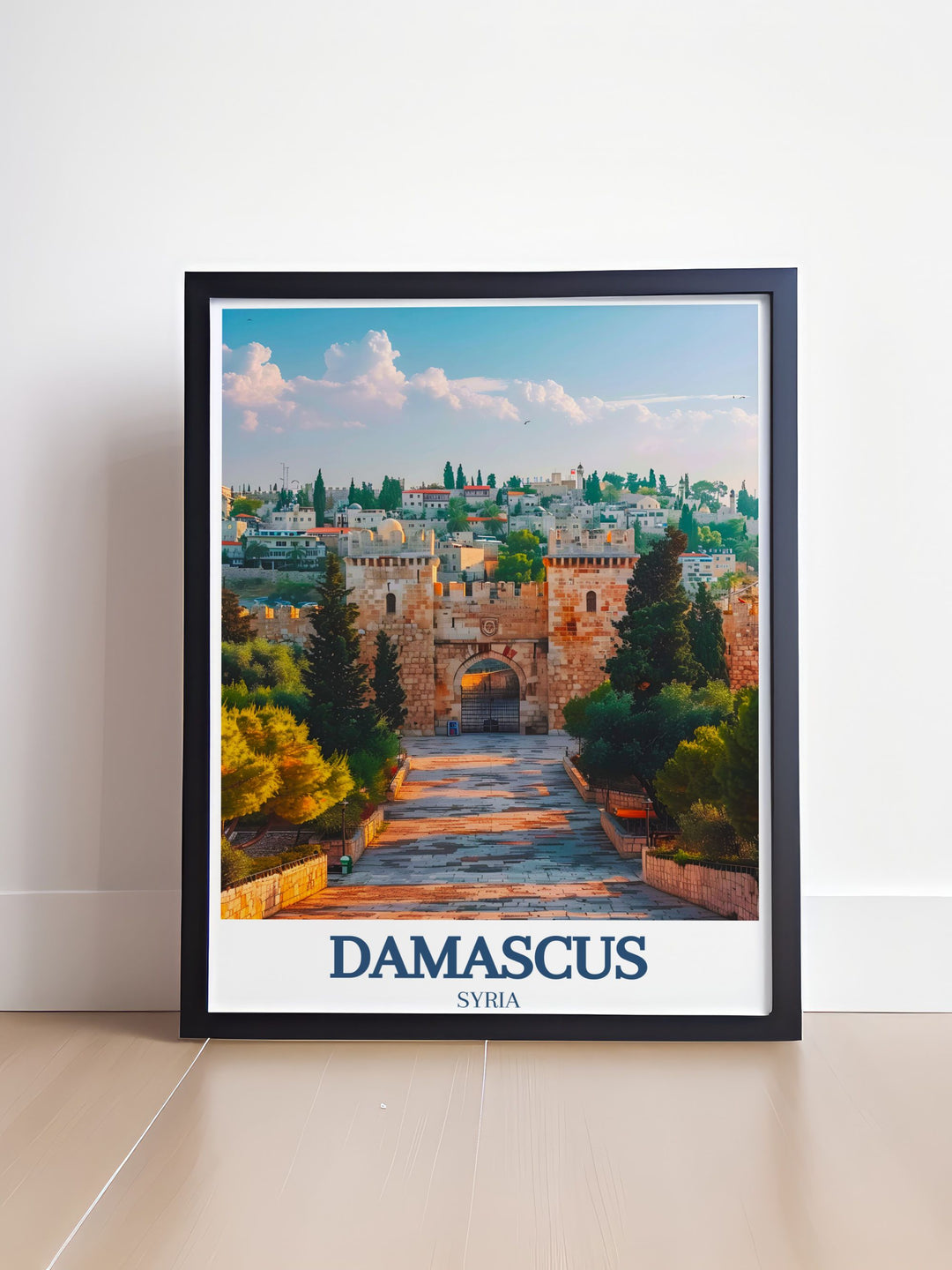 This Damascus poster print captures the ancient beauty of one of the worlds oldest cities, featuring landmarks such as Damascus Gate and Sun City. Perfect for home décor or as a gift for history lovers, this artwork brings the essence of Syria into any space.