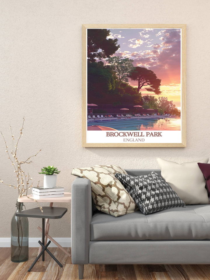 Spring bloom in Brockwell Park with a clear view of Brockwell Lido, perfect for a framed print in a home office