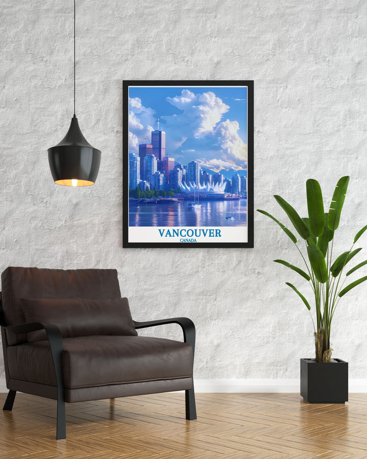 Bring the charm of Vancouvers waterfront into your home with this Canada Place travel poster. The artwork depicts the landmarks distinctive design and scenic surroundings, adding a touch of sophistication to any room.
