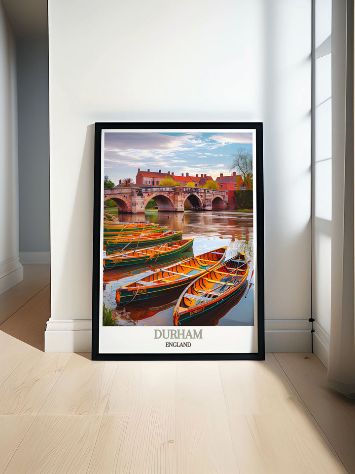 This travel poster captures the serene beauty of the River Wear in Durham, showcasing its tranquil waters and lush riverbanks, perfect for enhancing your home decor.