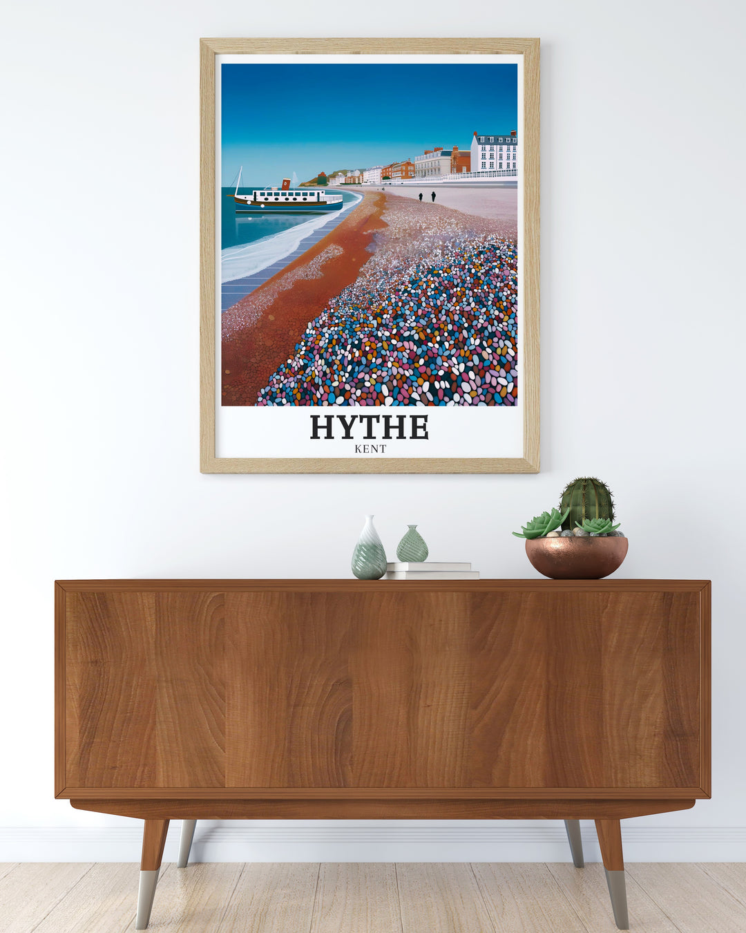 Hythe Beach and Hythe Seafront depicted in this stunning Kent travel art bring the calm and charm of the British coast into your home. Ideal for modern decor or as a gift for art lovers.