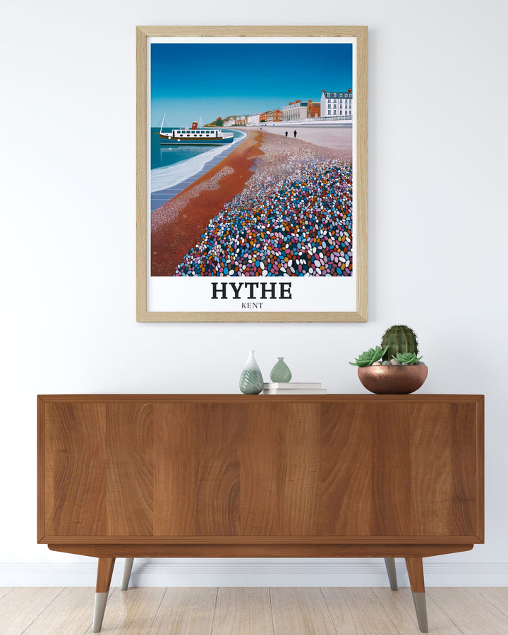 Hythe Beach and Hythe Seafront depicted in this stunning Kent travel art bring the calm and charm of the British coast into your home. Ideal for modern decor or as a gift for art lovers.