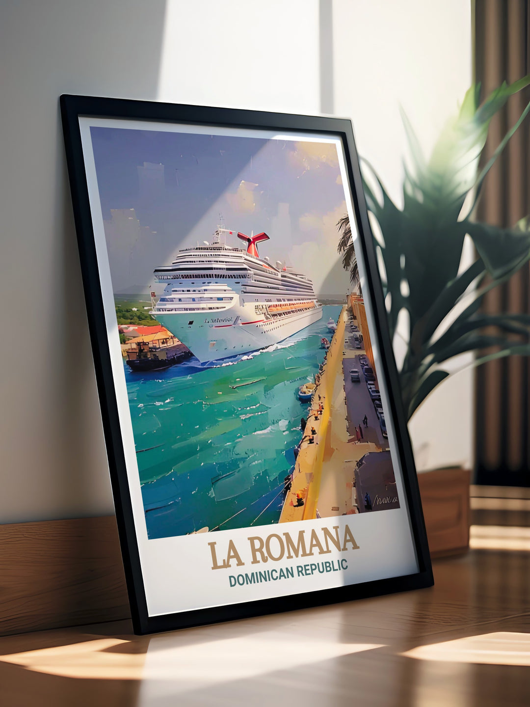 Detailed artwork showcasing La Romana Port captures the vibrant energy of this Caribbean gateway, with its bustling atmosphere and scenic coastal views.