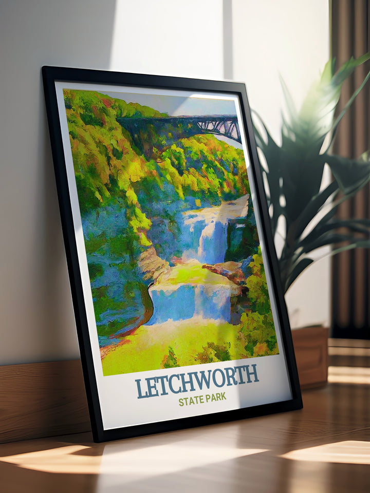 Upper Falls art print capturing the powerful cascade and lush surroundings of Letchworth State Park. This vibrant illustration brings the majestic beauty of Upper Falls into your home decor, perfect for nature enthusiasts and art lovers.