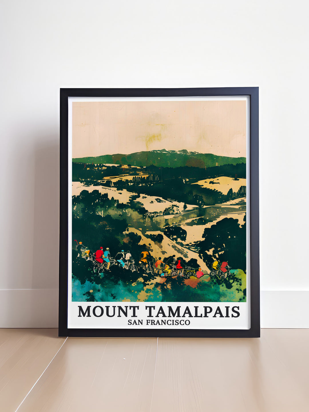 Stunning California art poster with a detailed portrayal of Mount Tamalpais, highlighting the picturesque views of Mount Diablo and Muir Park. Enhances any space with its charm.