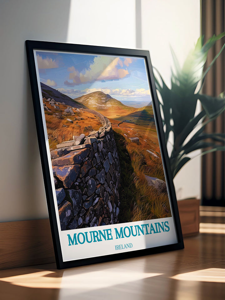 Experience the natural and historical beauty of the Mourne Mountains with this detailed poster, capturing their rugged landscapes and cultural heritage, perfect for adding a touch of elegance to your home.
