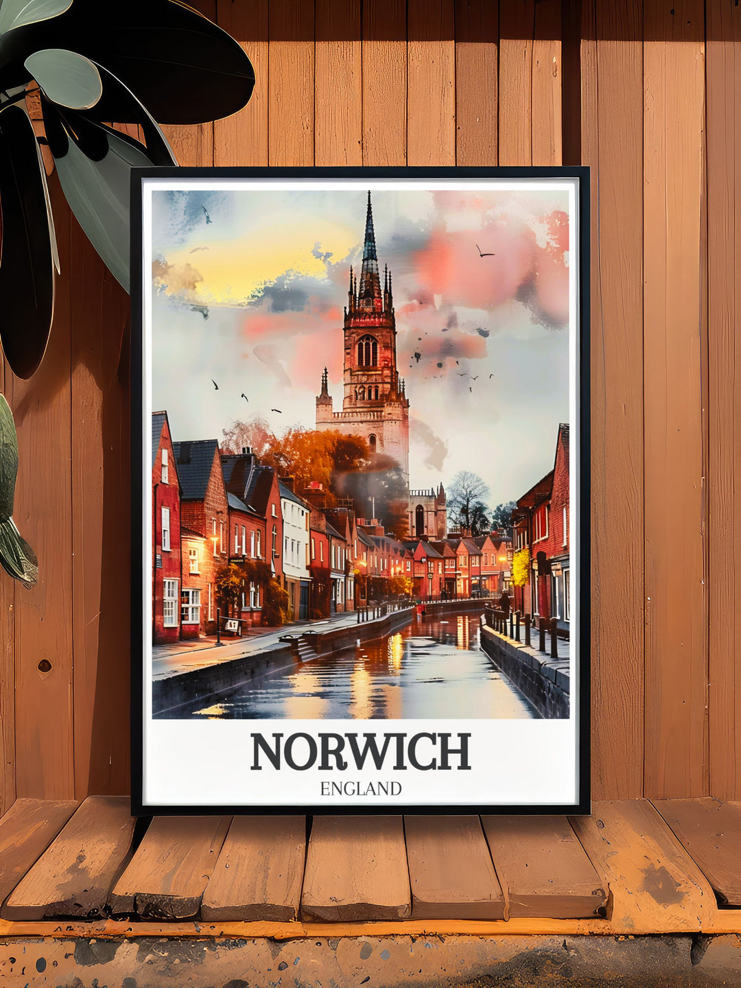 Blakeney Norfolk poster depicting stunning coastal views and historical landmarks perfect for UK national trail lovers including the River Wensum Tudor buildings and The Norwich Cathedral in vibrant colors and intricate details.