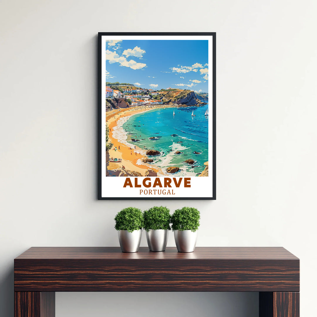 A sun-drenched Portuguese coastal village scene at Lagos, Algarve, Portugal highlights this travel poster print. Shop premium framed, unframed, and canvas options online today from MapYourDreams for wall decor.