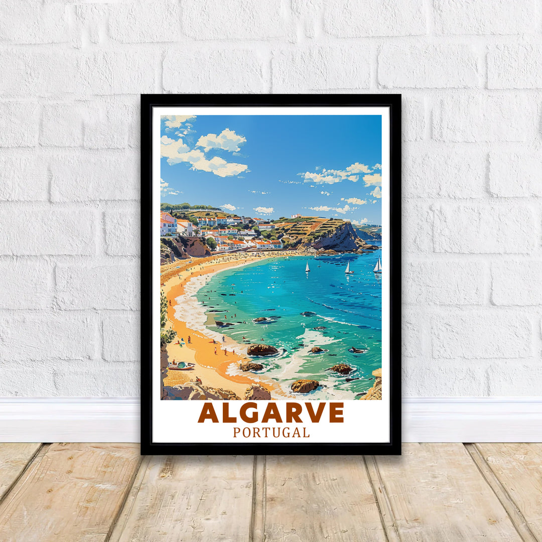 Terracotta village roofs and bright summer skies at Lagos Coastal Town, Algarve, Portugal decorate this wall art print. Buy long-lasting framed, unframed, and canvas poster options at MapYourDreams for decor.