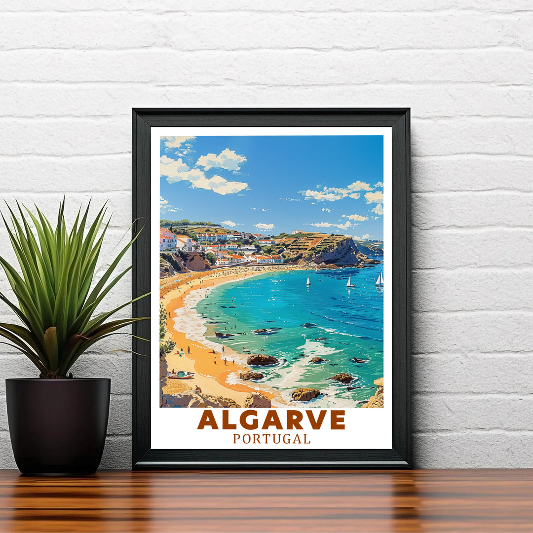 Warm sunlight illuminates sailboats and clear ocean waters in this Lagos, Algarve, Portugal poster print. MapYourDreams provides stylish framed, unframed, and canvas options for bright living room decor.