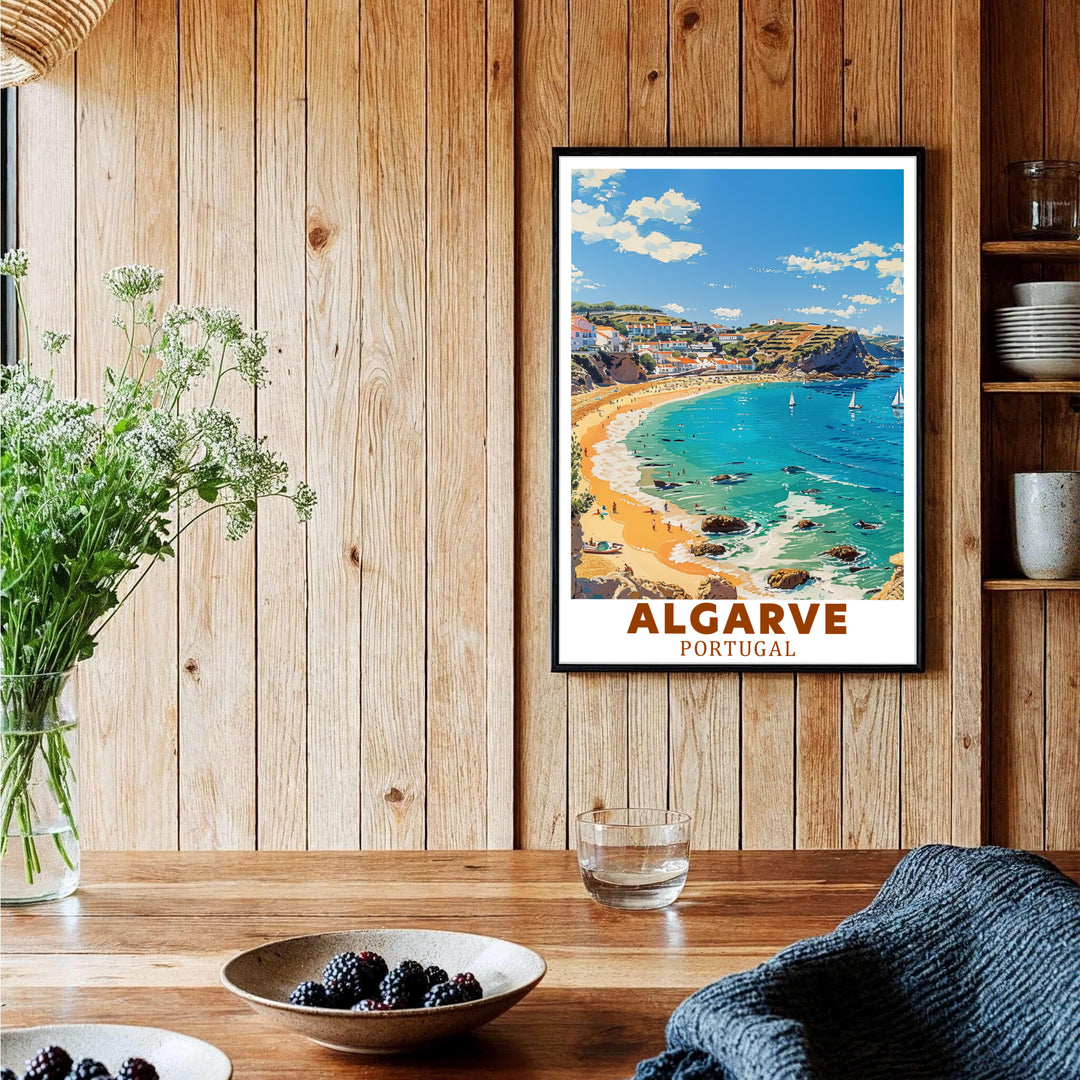 Coastal village cliffs and clean European travel typography highlight this Lagos, Algarve, Portugal print. Select high-grade framed, unframed, and canvas options at MapYourDreams to enhance entryway decor.