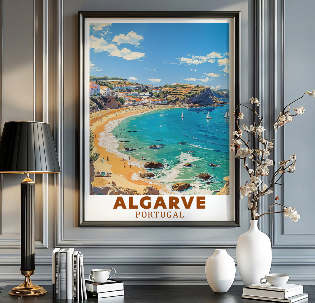 Detailed graphic townscape art and clean terracotta typography define this Lagos, Algarve, Portugal print. MapYourDreams offers fine art framed, unframed, and canvas poster options to elevate office wall decor.