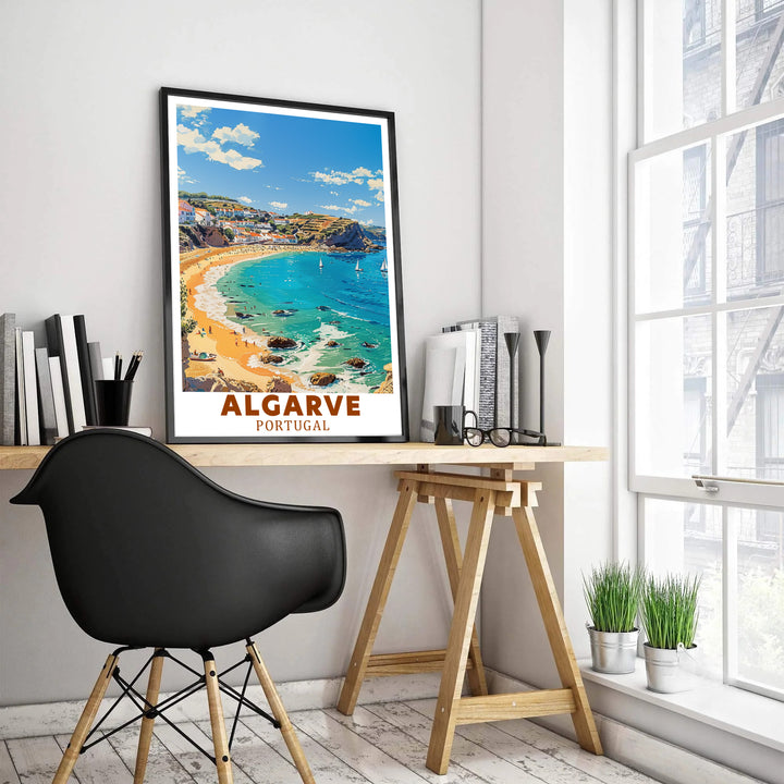 Puffy clouds and clear blue skies frame the hillside coast at Lagos, Algarve, Portugal in this print. Select durable framed, unframed, and canvas poster options at MapYourDreams for complete home decor setups.