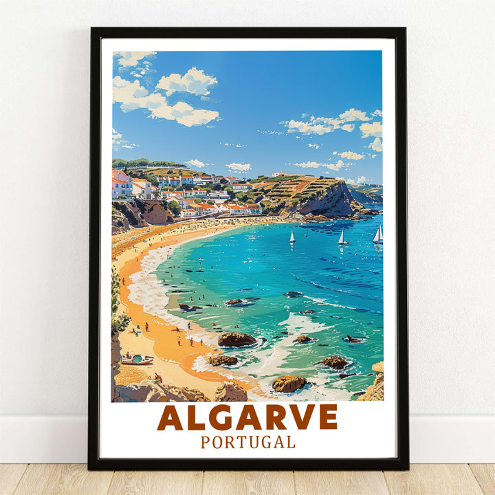 Whitewashed hillside villas and a sandy beach cove at Lagos, Algarve, Portugal highlight this vintage travel poster. MapYourDreams supplies this coastal artwork in framed, unframed, and canvas print options.