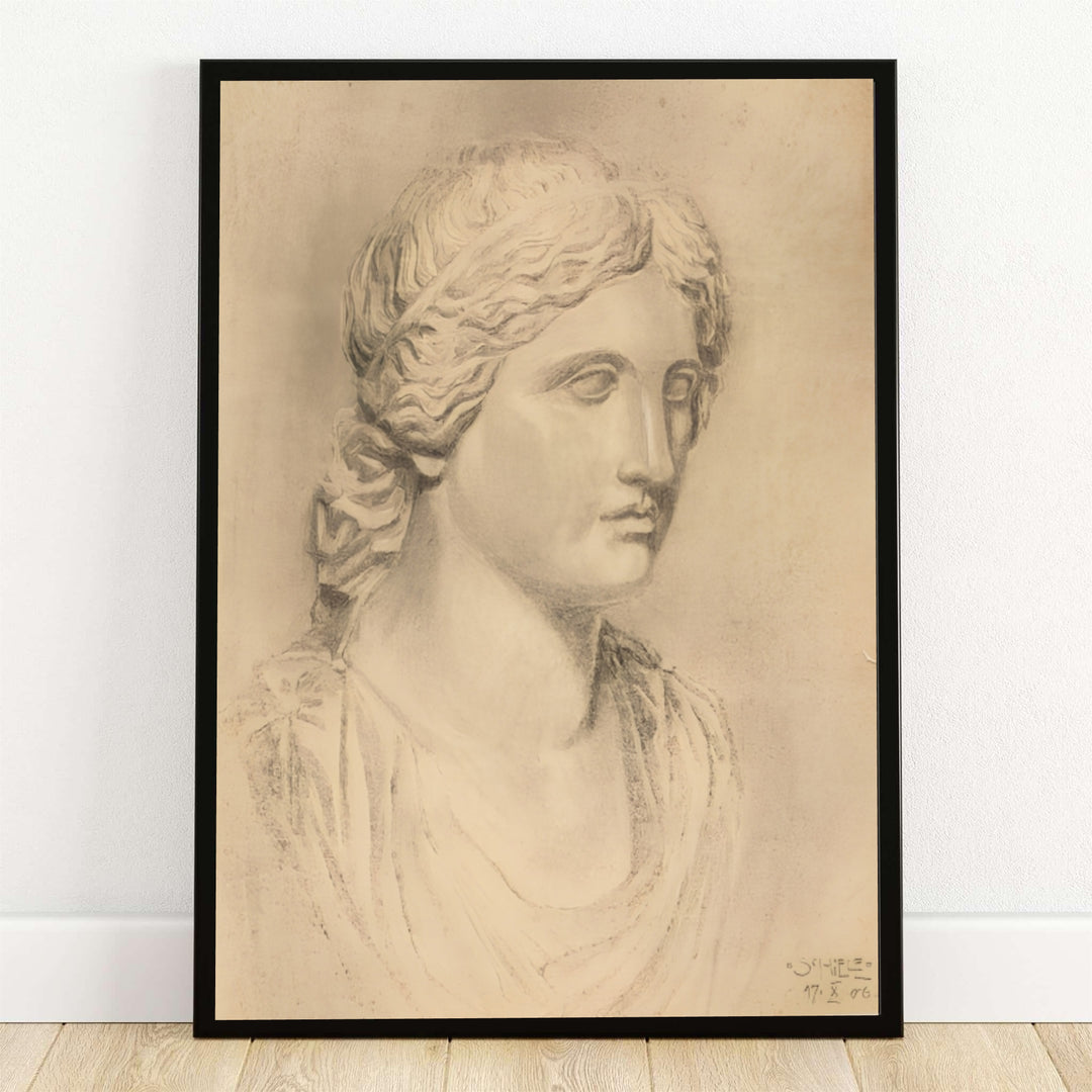 Monochrome portrait sketch poster print of Egon Schiele Antique Bust 1906 from Leopold Museum Vienna displaying classical marble contours. MapYourDreams provides premium framed prints, unframed paper wall poster decor, and stretched canvas choices for sophisticated art gallery walls.