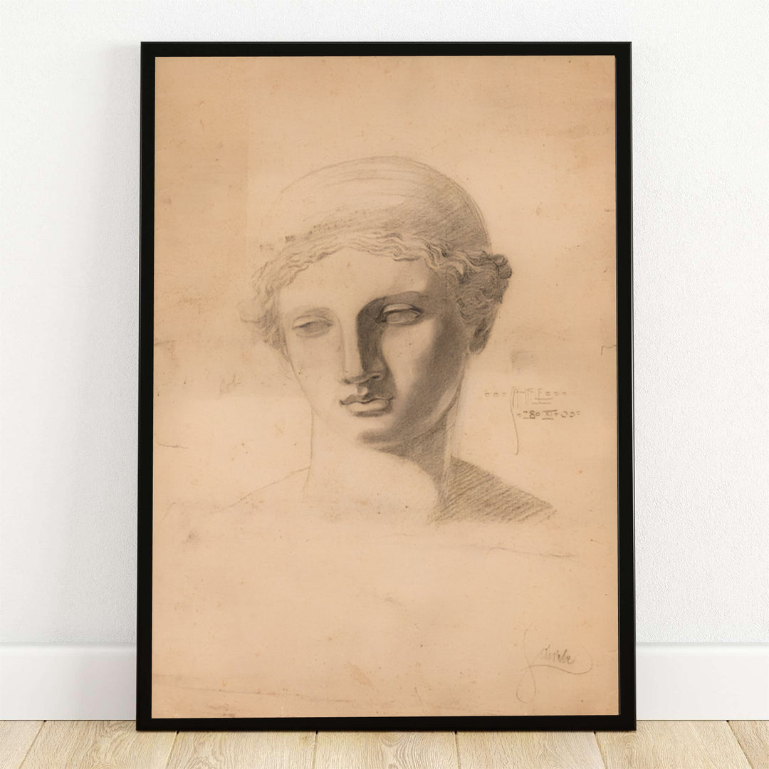 Fine art giclée drawing poster of Egon Schiele Antique Head Study 1905 preserved in Leopold Museum Vienna with warm neutral parchment hues. MapYourDreams offers versatile framed wall art, unframed poster prints, and stretched canvas choices for complete room decoration projects.