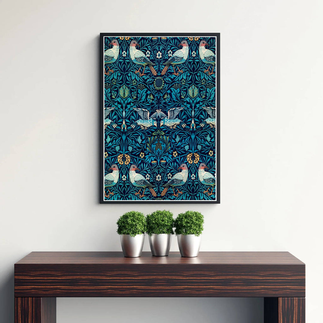 Archival William Morris Bird Woven Wool print featuring classic Arts and Crafts Movement textile graphics, printed with vivid archival inks on premium paper for museum quality gallery displays.