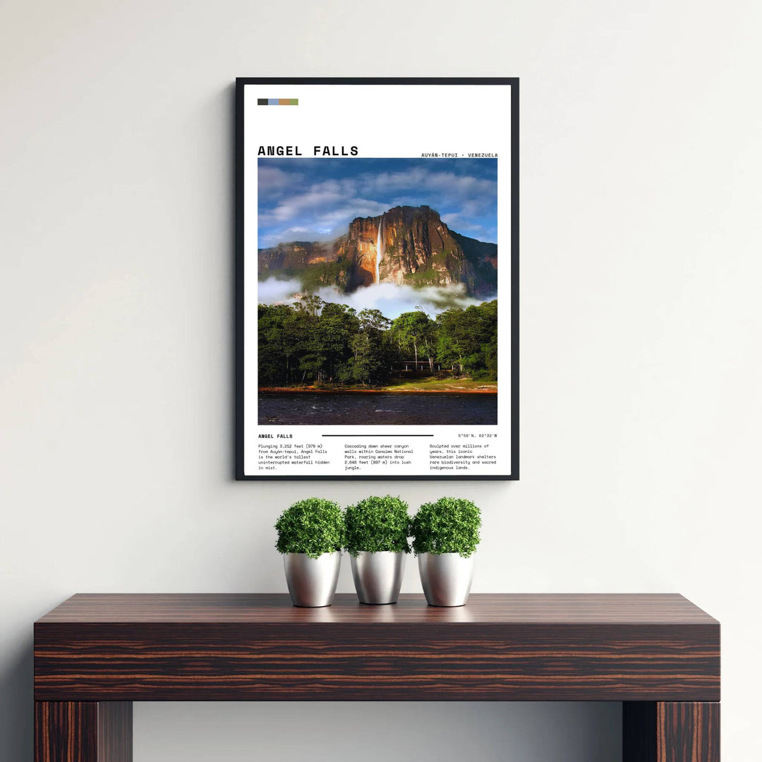 Dramatic wilderness photography print capturing the towering height, rising mist, and lush greenery of Angel Falls. Offered by MapYourDreams, customers can choose between standalone paper prints, ready-to-hang wooden frames, and gallery canvas wraps.