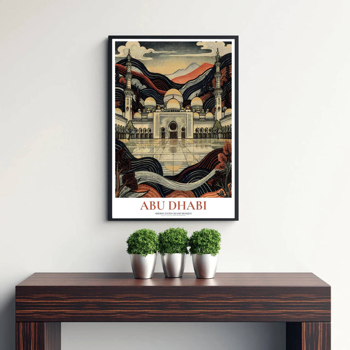 Ukiyo-e inspired print of Sheikh Zayed Grand Mosque in Abu Dhabi in indigo blue, rust orange, and cream colors. Published by MapYourDreams, this artwork is available in flexible options including unframed paper, custom wooden frames, and gallery canvas wraps for fine art display.