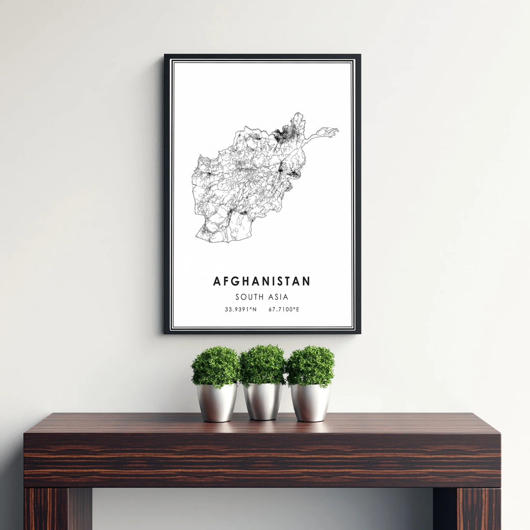 Contemporary road network map of Afghanistan highlighted in clean monochrome lines on crisp white paper, crafted by MapYourDreams as an unframed print, stretched canvas wall art, or custom framed wall decor in pure gold and bronze frames for minimalist home interiors.