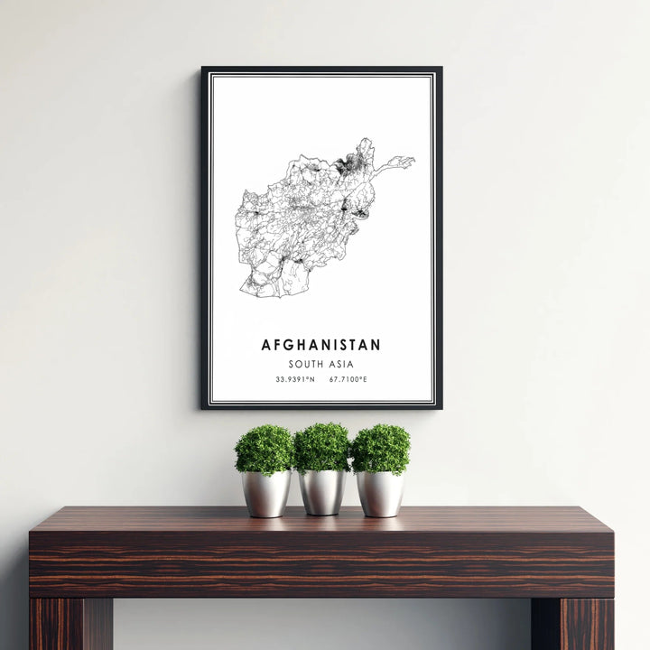 Contemporary road network map of Afghanistan highlighted in clean monochrome lines on crisp white paper, crafted by MapYourDreams as an unframed print, stretched canvas wall art, or custom framed wall decor in pure gold and bronze frames for minimalist home interiors.