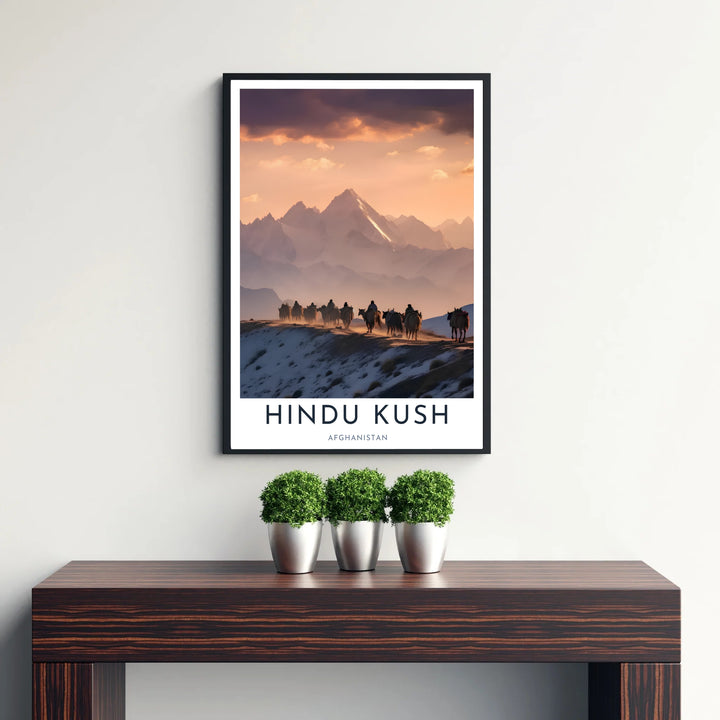 Fine art landscape poster of the Hindu Kush range in Afghanistan highlighting a golden sunset and historic nomad migration, available from MapYourDreams as an unframed paper print, gallery wrapped canvas wall art, or custom framed print in retro white frames for modern living rooms.