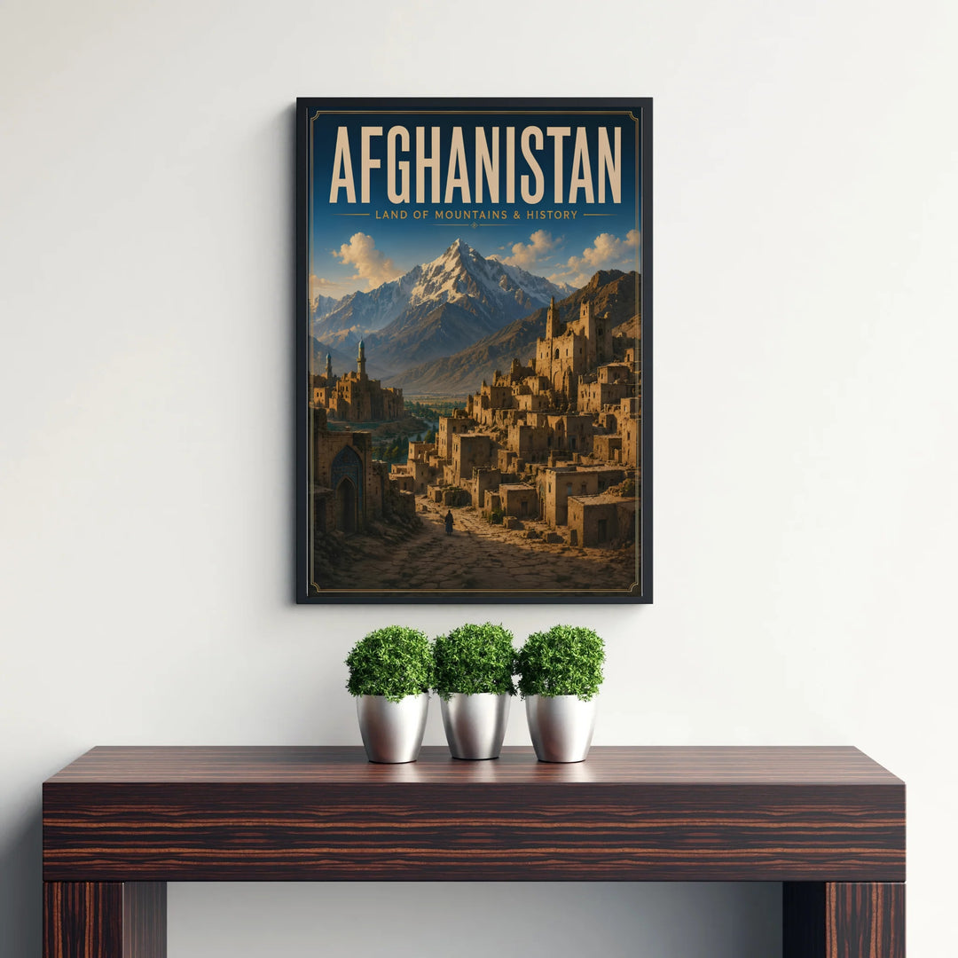 Fine art vintage travel poster of an ancient village in Afghanistan showcasing classic typography and sunny peaks, available from MapYourDreams as an unframed paper print, gallery wrapped canvas wall art, or custom framed print in retro white frames for modern interiors.