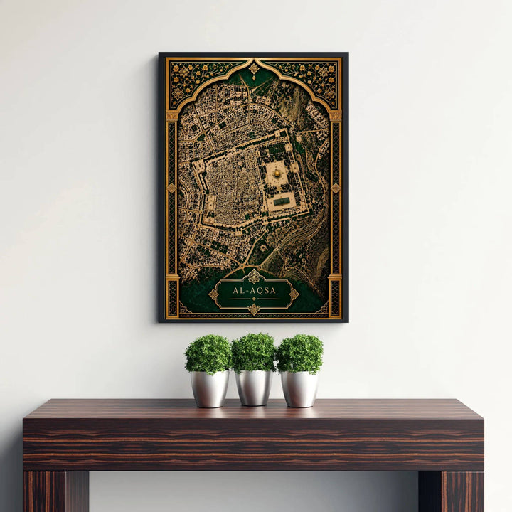 Ornate Middle Eastern map artwork detailing Al Aqsa Compound and Jerusalem with classic typography. Supplied by MapYourDreams, this artwork is available in flexible options including unframed paper, custom wooden frames, and gallery canvas wraps for stylish decor.