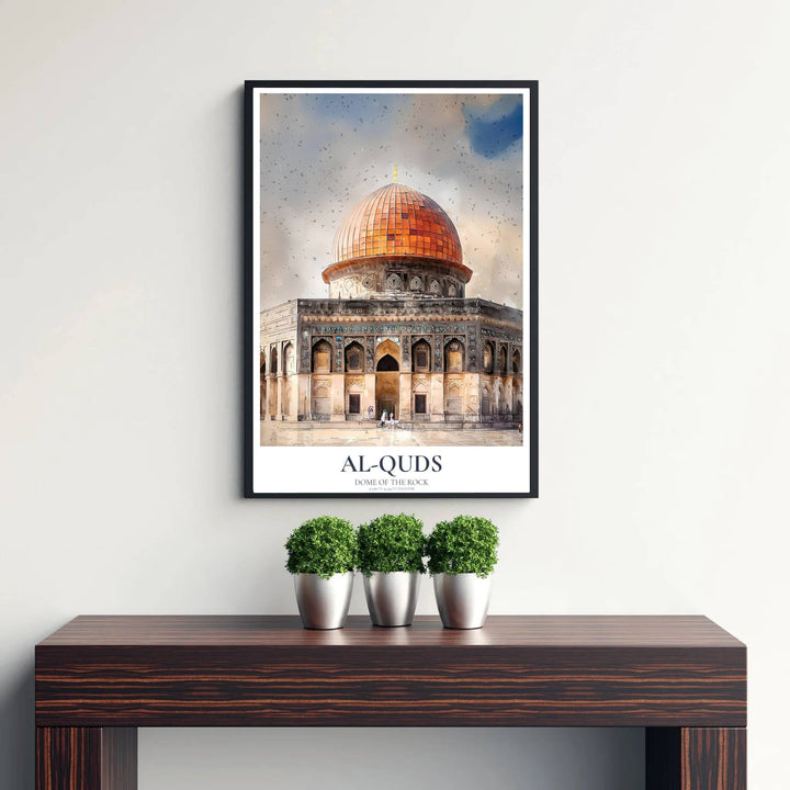 Textured watercolor painting print of Jerusalem Al Aqsa sanctuary showcasing the radiant central golden dome facade. Made by MapYourDreams, this artwork is available in flexible options including unframed paper, custom wooden frames, and gallery canvas wraps for sophisticated home decor.