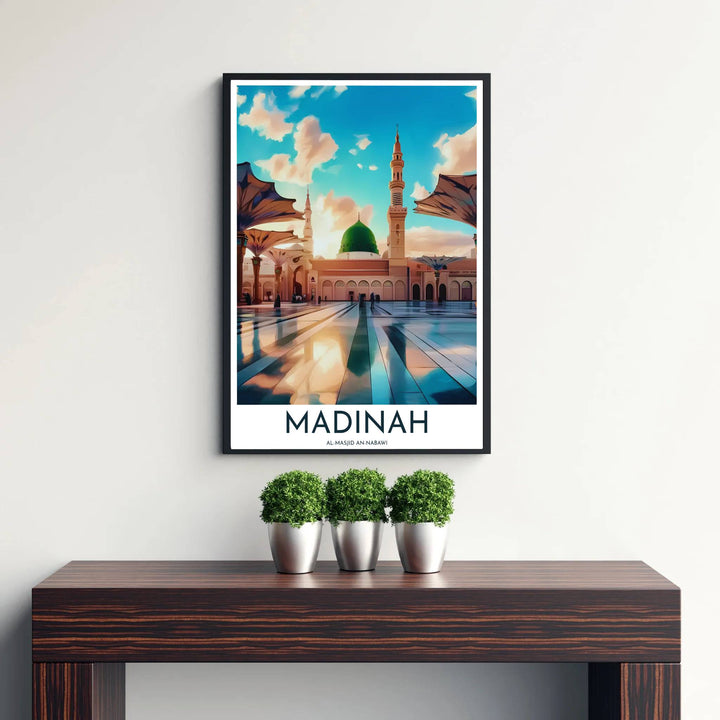 Golden hour artwork of Al Masjid An Nabawi courtyard in Madinah showing minarets and umbrella canopies. Supplied by MapYourDreams, this artwork is available in flexible options including unframed paper, custom wooden frames, and gallery canvas wraps for stylish decor.