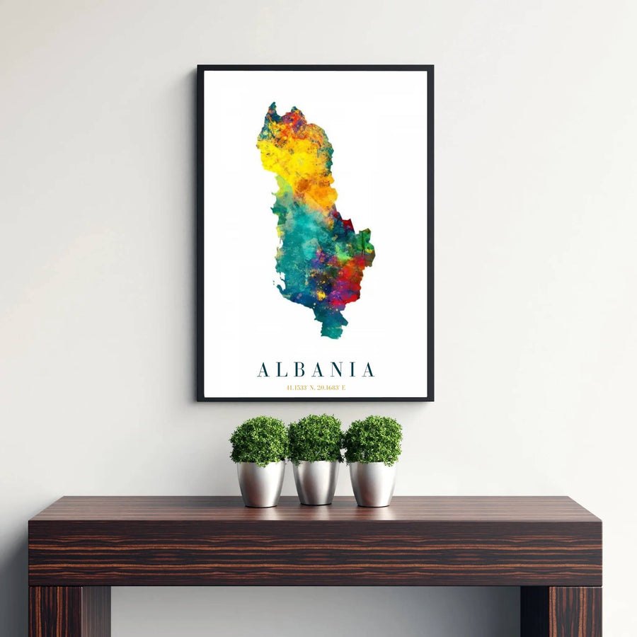 Beautiful watercolor map print featuring the national silhouette of Albania, combining vibrant painterly paint splatters with precise geography. Offered by MapYourDreams, this artwork is available in flexible options including unframed paper, custom wooden frames, and gallery canvas wraps.