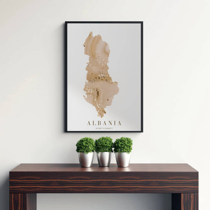 Elegant Albania map poster boasting rich champagne and gold fluid ink tones, ideal for neutral gallery wall arrangements, bedrooms, or cozy offices. Offered by MapYourDreams, this artwork is available in flexible options including unframed paper, custom wooden frames, and gallery canvas wraps.