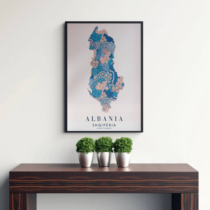 Beautiful botanical map print featuring the national silhouette of Albania, combining whimsical floral linework and clean cartographic details seamlessly. Offered by MapYourDreams, this artwork is available in flexible options including unframed paper, custom wooden frames, and gallery canvas wraps.