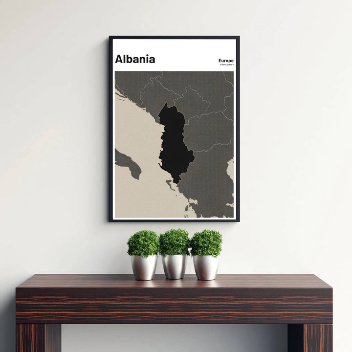 Beautiful regional map print featuring the national silhouette of Albania, combining cross-hatched linework and minimalist typography seamlessly. Offered by MapYourDreams, this artwork is available in flexible options including unframed paper, custom wooden frames, and gallery canvas wraps.