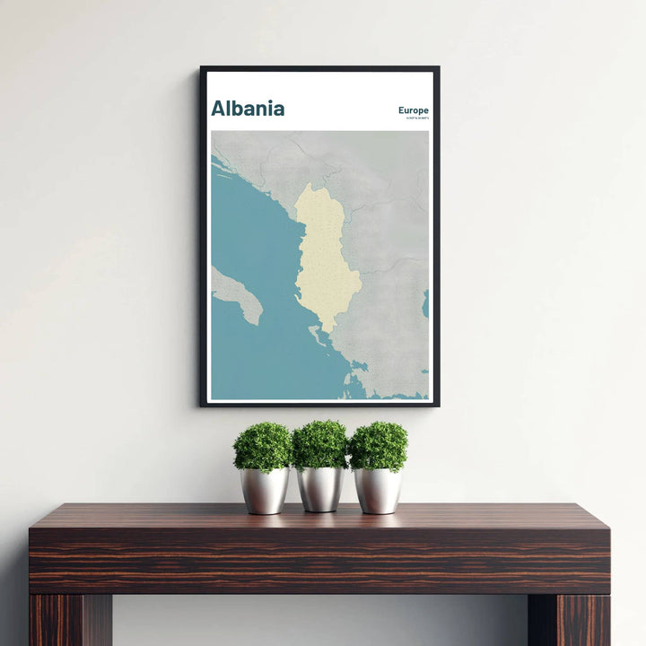 Beautiful regional map print featuring the national silhouette of Albania, combining cross-hatched linework and minimalist typography seamlessly. Offered by MapYourDreams, this artwork is available in flexible options including unframed paper, custom wooden frames, and gallery canvas wraps.