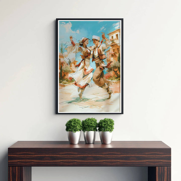 Beautiful cultural heritage print featuring traditional Albanian dancers, combining expressive sketch linework and warm architectural colors seamlessly. Offered by MapYourDreams, this artwork is available in flexible options including unframed paper, custom wooden frames, and gallery canvas wraps.