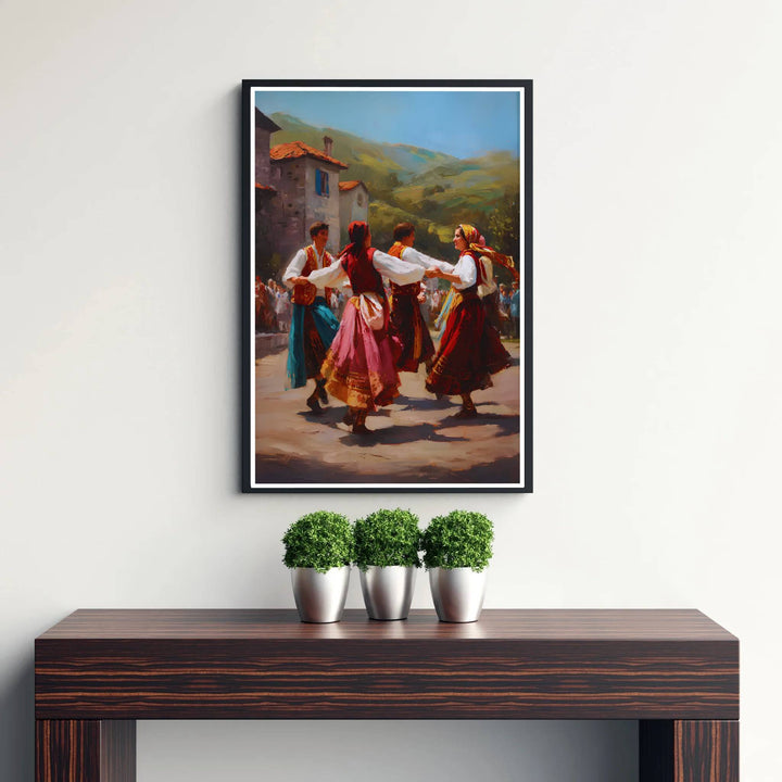 Beautiful cultural heritage print featuring traditional Albanian dancers, combining impressionistic oil textures and warm village architecture seamlessly. Offered by MapYourDreams, this artwork is available in flexible options including unframed paper, custom wooden frames, and gallery canvas wraps.