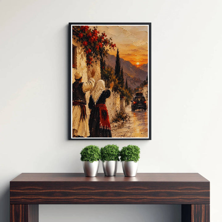 Beautiful cultural heritage print featuring traditional Albanian village life, combining impressionistic oil textures and warm golden hour lighting seamlessly. Offered by MapYourDreams, this artwork is available in flexible options including unframed paper, custom wooden frames, and gallery canvas wraps.