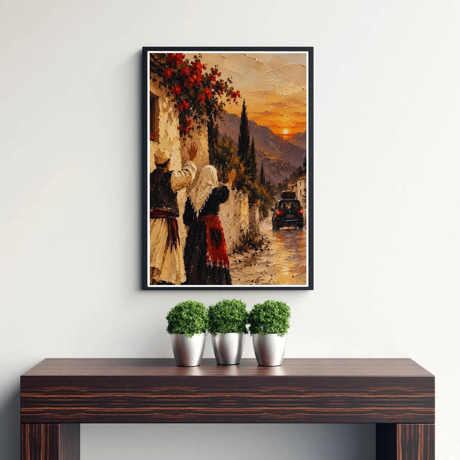 Beautiful cultural heritage print featuring traditional Albanian village life, combining impressionistic oil textures and warm golden hour lighting seamlessly. Offered by MapYourDreams, this artwork is available in flexible options including unframed paper, custom wooden frames, and gallery canvas wraps.