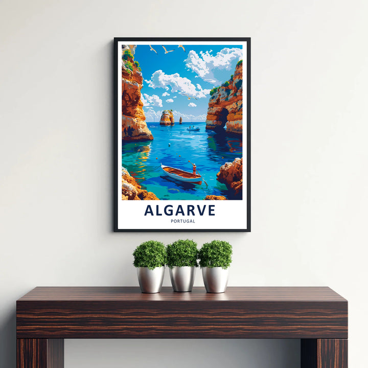 Radiant turquoise water tones and warm terracotta cliff hues define this Portugal print celebrating the natural beauty of the Algarve coastline. Order this item as a ready-to-hang canvas, unframed poster, or framed display.