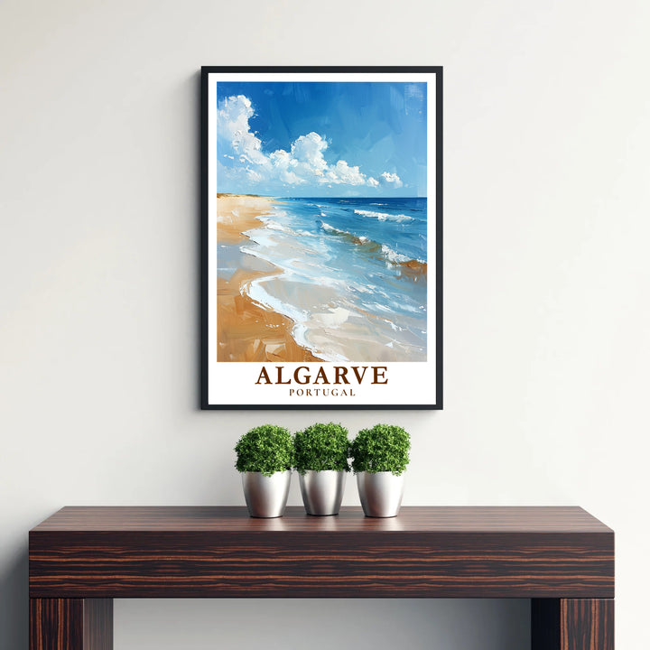 Inspired by classic fine art oil paintings, this Algarve Beach, Portugal print features painterly shoreline scenery. Explore versatile framed, unframed, and canvas options available at MapYourDreams for modern decor.
