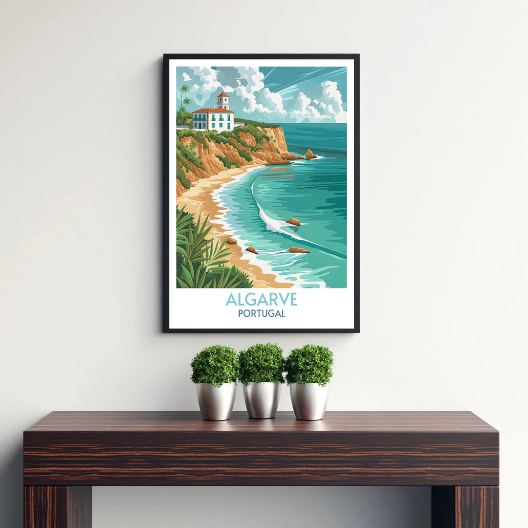 A charming coastal house stands watch over a sandy bay in this Portugal wall art design, featuring an Algarve beach scene displayed in a retro white frame ideal for sunny interior spaces.