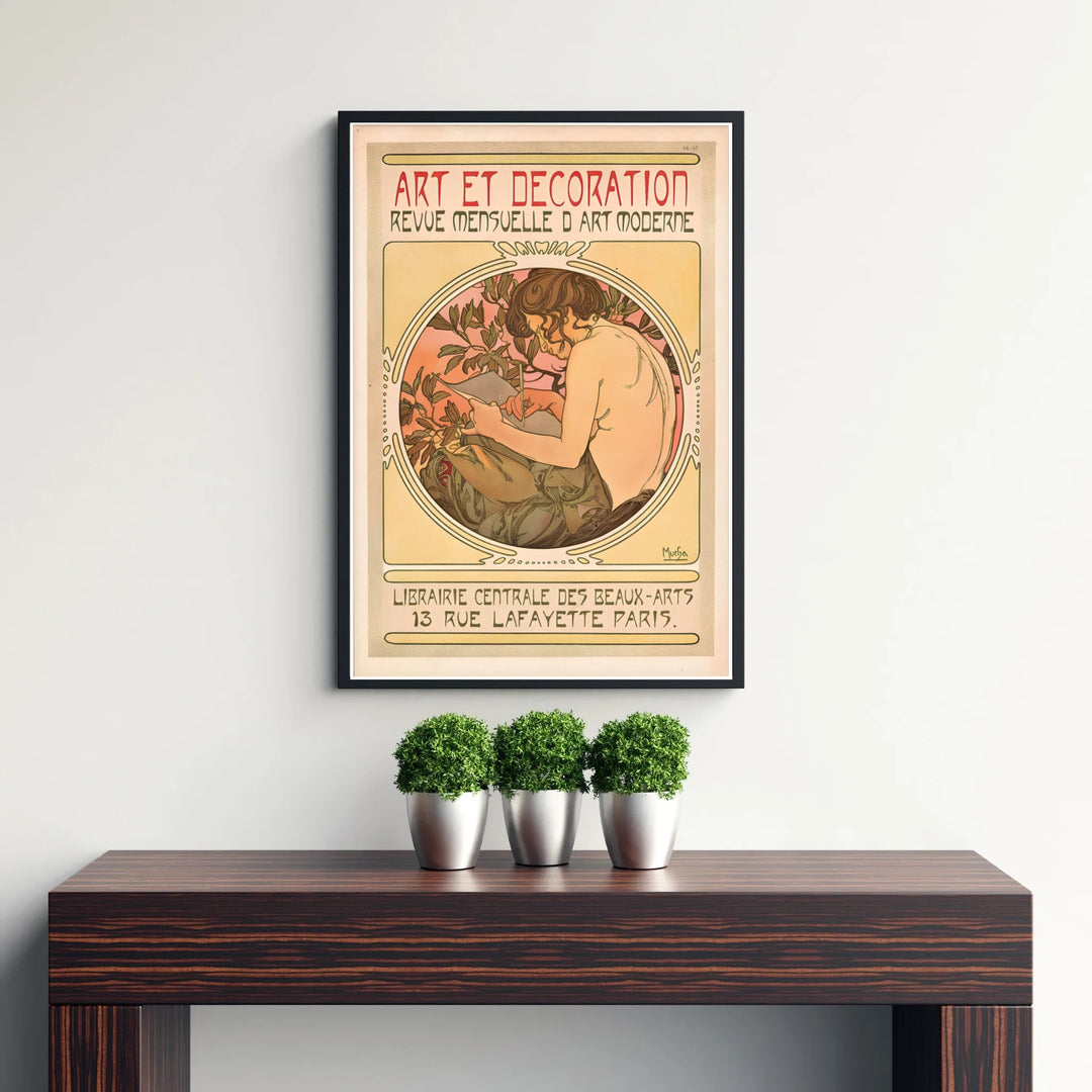 Traditional French vintage print Art Et Decoration by artist Alphonse Mucha displaying organic botanical frame work at 13 Rue Lafayette Paris. MapYourDreams supplies framed, unframed, and canvas poster options for wall decor.