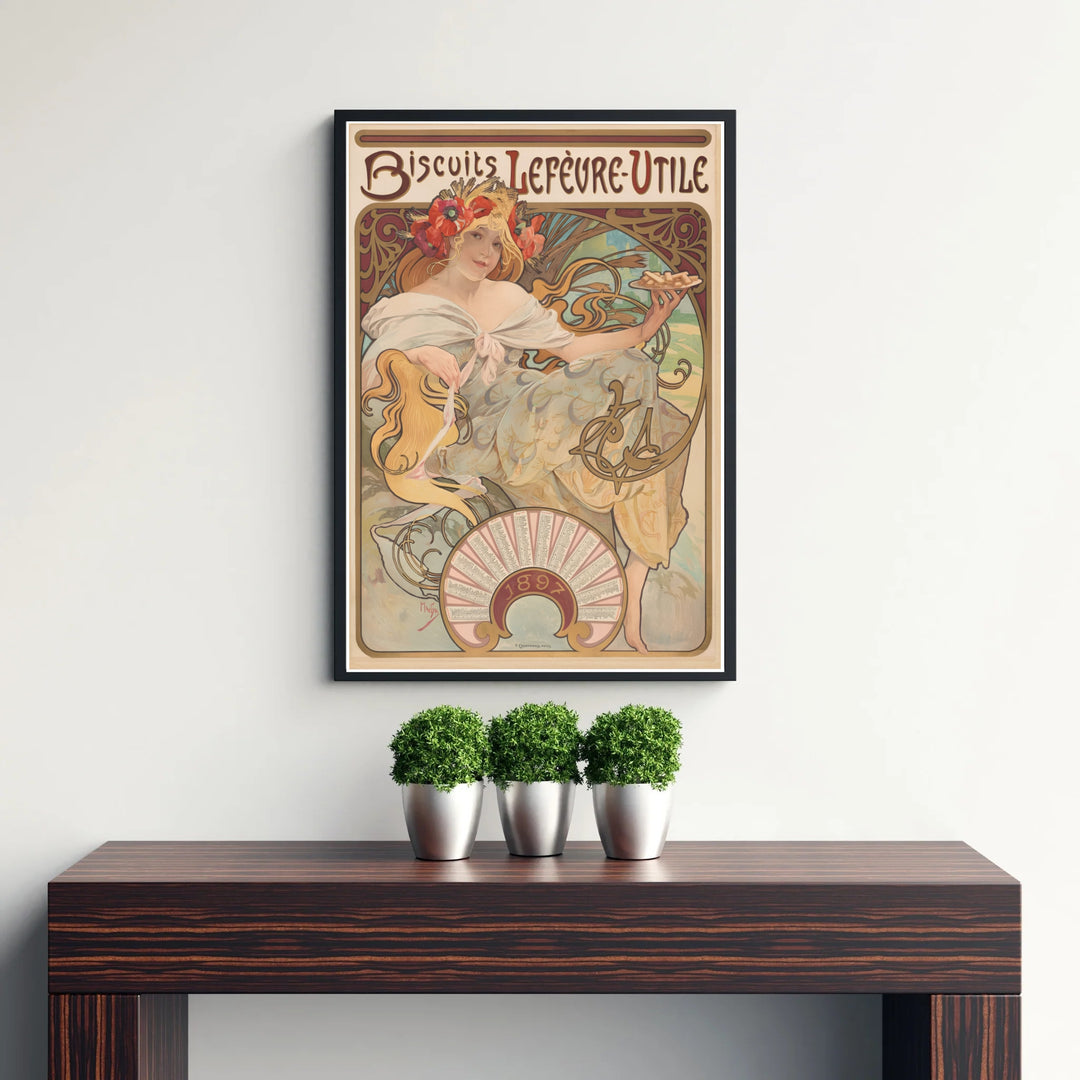 Traditional French vintage print Biscuits Lefevre Utile by artist Alphonse Mucha displaying organic botanical linework in Nantes France. MapYourDreams supplies framed, unframed, and canvas poster options for wall decor.