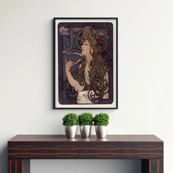 Alphonse Mucha museum exhibition poster JOB Cigarette Papers by artist Alphonse Mucha featuring golden JOB typography in Paris France. MapYourDreams features high-quality framed, unframed, and stretched canvas print choices.