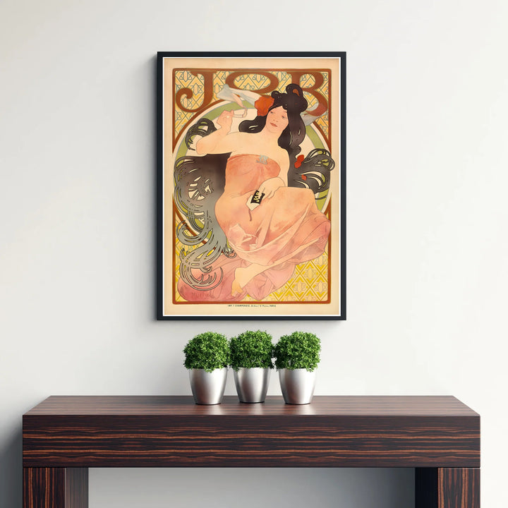 Traditional French vintage print JOB Cigarette Papers by artist Alphonse Mucha displaying organic hair swirls set at Boulevard Saint-Michel Paris. MapYourDreams supplies framed, unframed, and canvas poster options for wall decor.