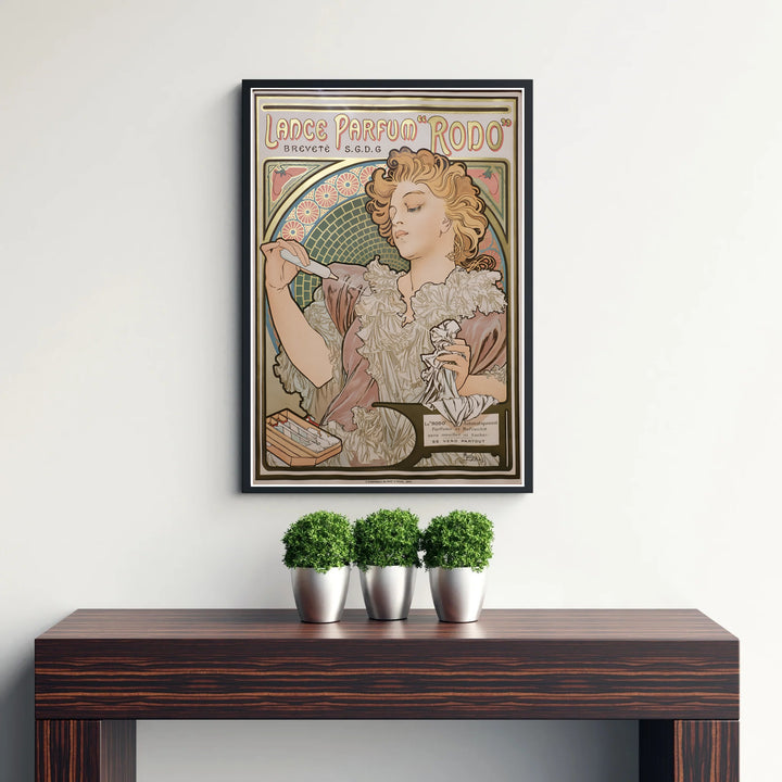 French museum exhibition poster Lance Parfum Rodo by artist Alphonse Mucha featuring an 1896 commercial lithograph in Paris France. MapYourDreams presents quality framed, unframed, and canvas print options for home decor.