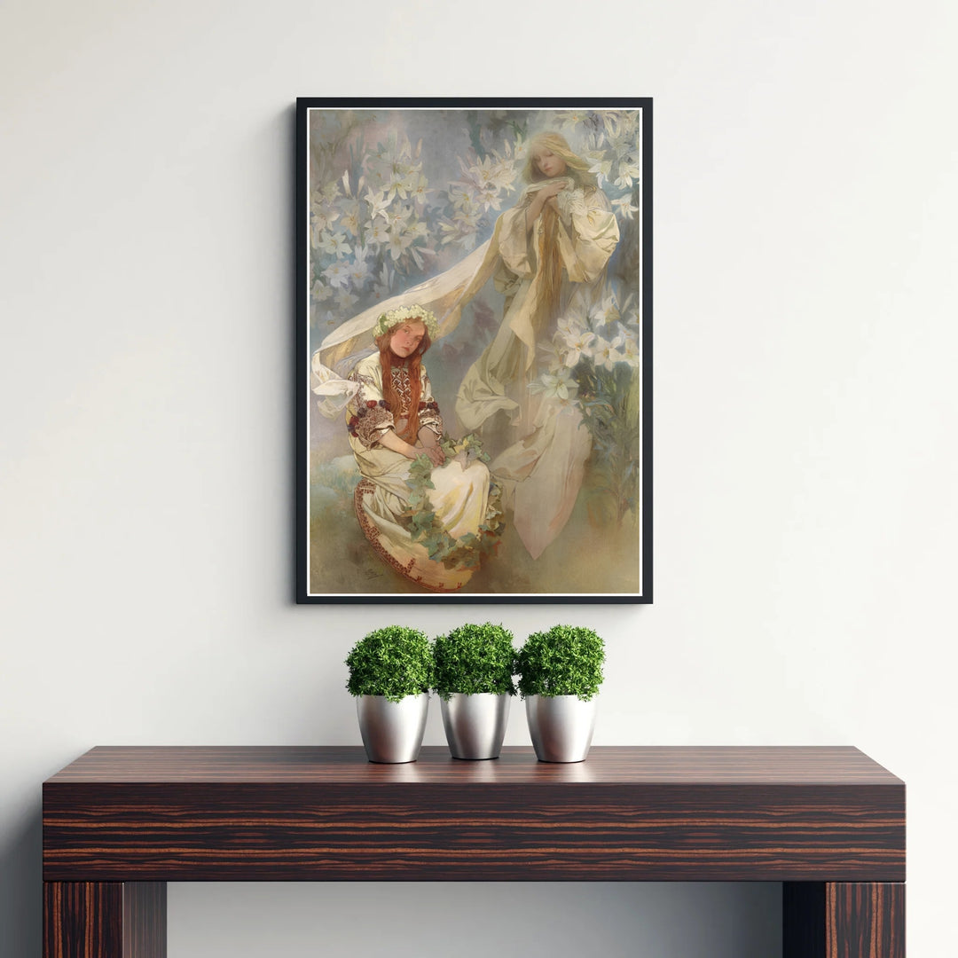 Traditional Slavic vintage print Madonna Of The Lilies by artist Alphonse Mucha displaying traditional folk embroidery details set in Prague Bohemia. MapYourDreams supplies framed, unframed, and canvas poster options for wall decor.