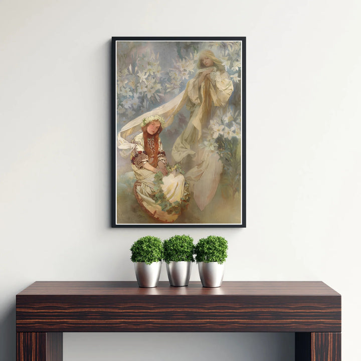 Traditional Slavic vintage print Madonna Of The Lilies by artist Alphonse Mucha displaying traditional folk embroidery details set in Prague Bohemia. MapYourDreams supplies framed, unframed, and canvas poster options for wall decor.
